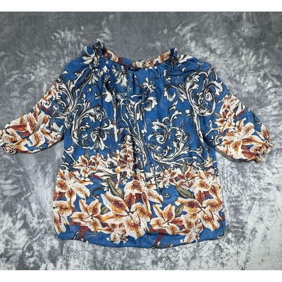 KAKTUS Womens Floral Boho Peasant Top Blouse Plus Size 1X Blue Orange 3/4 Sleeve - Picture 1 of 5